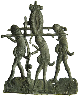 Tres falos llevan una vulva coronada en procesión. Insignia medieval encontrada en Brujas entre 1375 y 1450